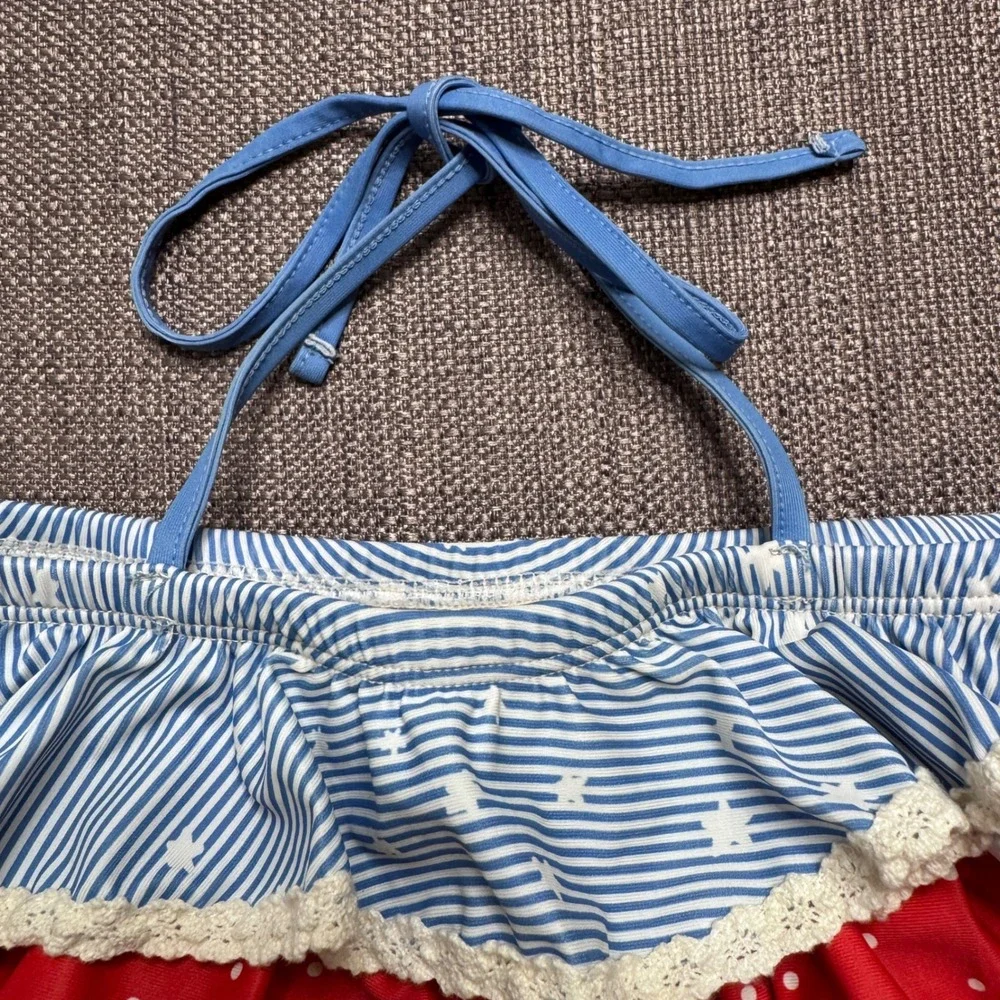 SweetHoney Girls Blue Red Striped Polka Dot Ruffle Two Piece Swimsuit Size 6Y